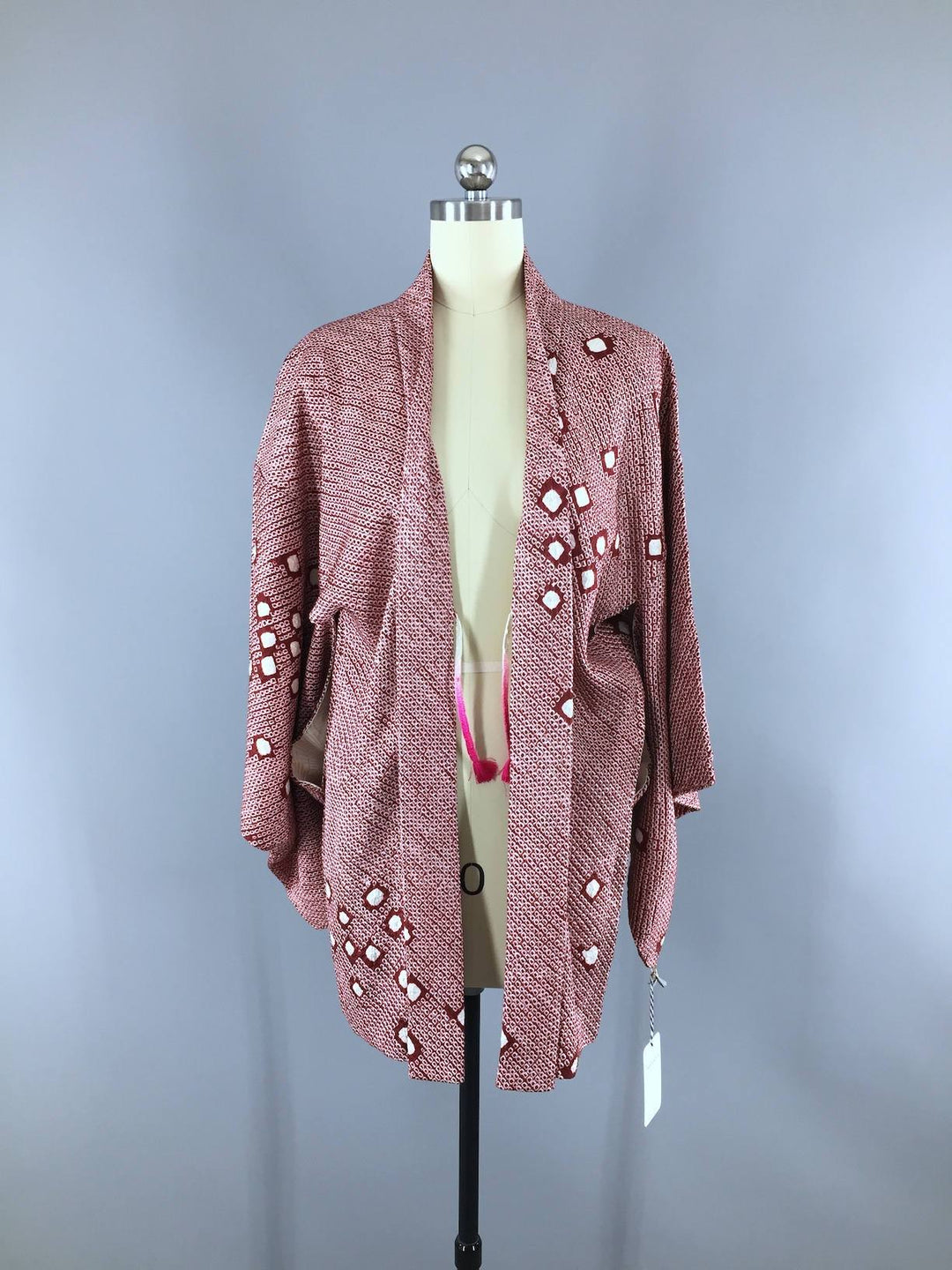 Vintage 1950s Silk Kimono Jacket Cardigan / Maroon White Shibori - ThisBlueBird