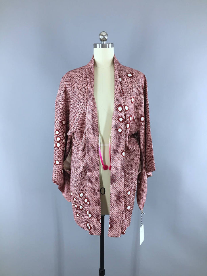 Vintage 1950s Silk Kimono Jacket Cardigan / Maroon White Shibori - ThisBlueBird