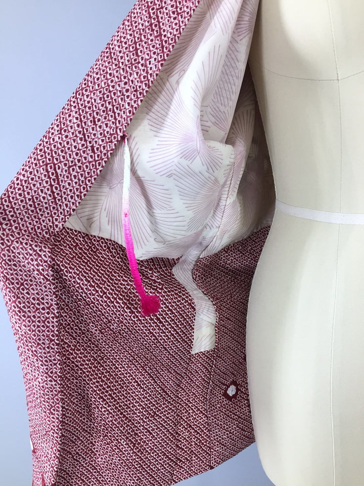Vintage 1950s Silk Kimono Jacket Cardigan / Maroon White Shibori - ThisBlueBird
