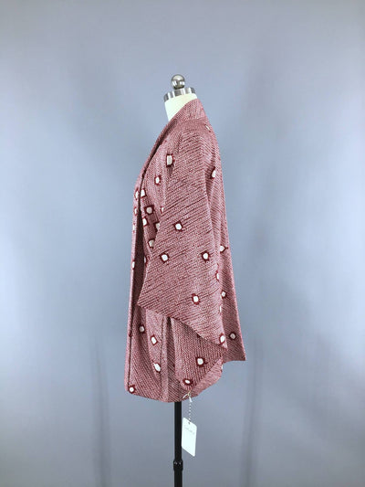 Vintage 1950s Silk Kimono Jacket Cardigan / Maroon White Shibori - ThisBlueBird