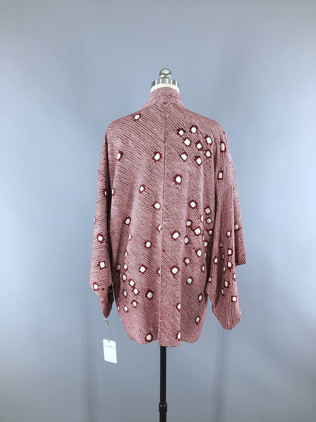Vintage 1950s Silk Kimono Jacket Cardigan / Maroon White Shibori - ThisBlueBird