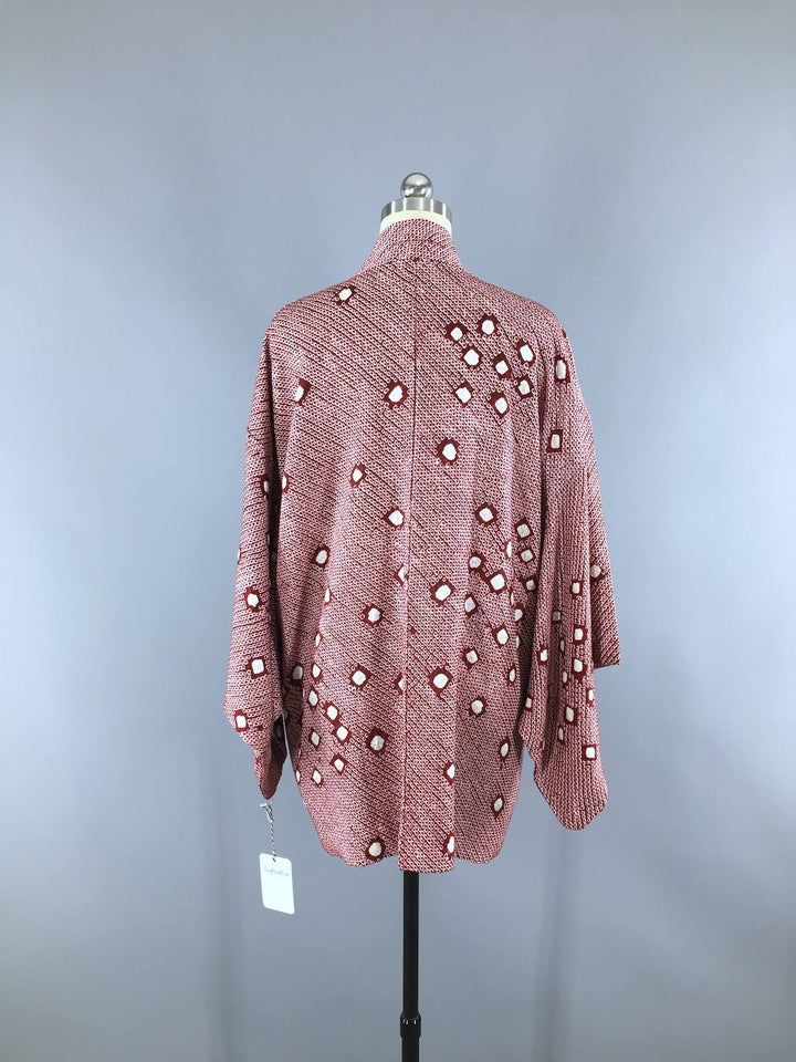 Vintage 1950s Silk Kimono Jacket Cardigan / Maroon White Shibori - ThisBlueBird