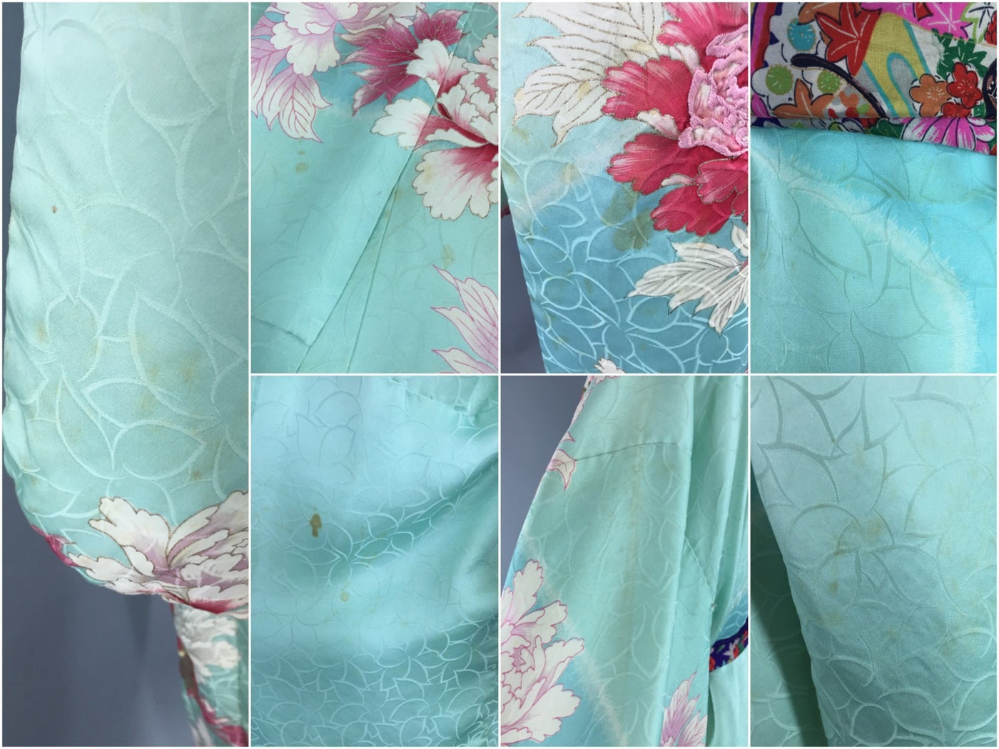 Vintage 1950s Silk Kimono Robe / Aqua Peony Floral Furisode - ThisBlueBird