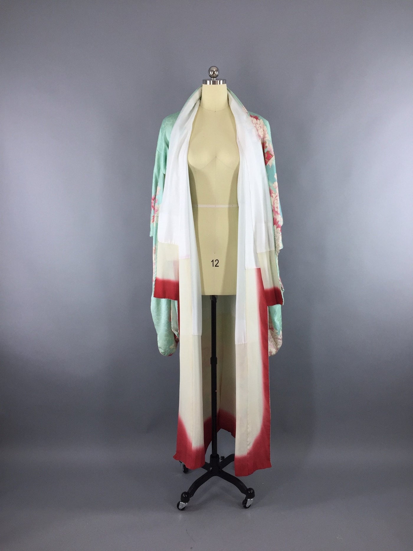 Vintage 1950s Silk Kimono Robe / Aqua Peony Floral Furisode - ThisBlueBird