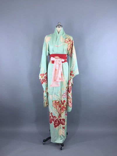 Vintage 1950s Silk Kimono Robe / Aqua & Red Floral Print Furisode - ThisBlueBird