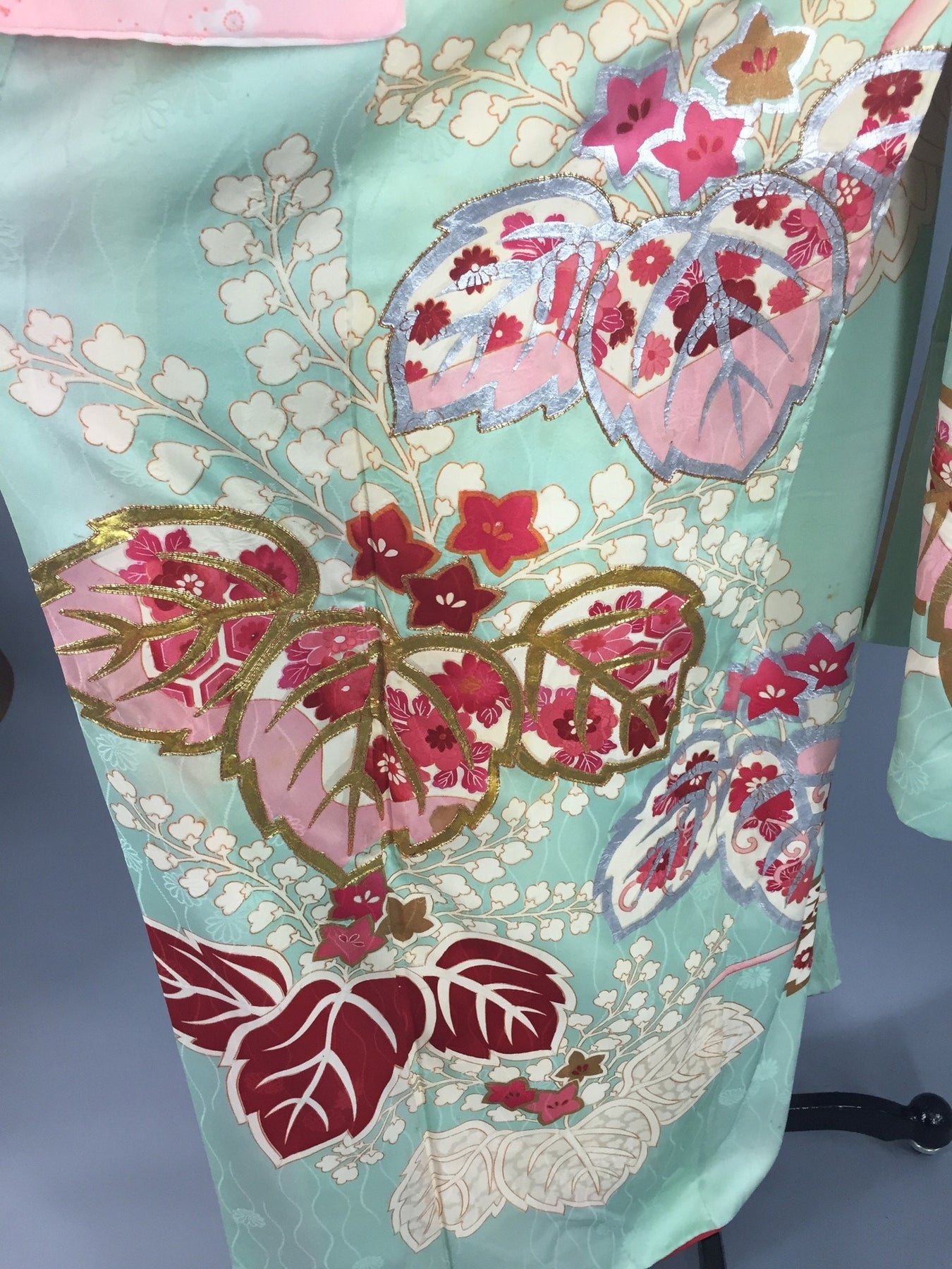 Vintage 1950s Silk Kimono Robe / Aqua & Red Floral Print Furisode ...