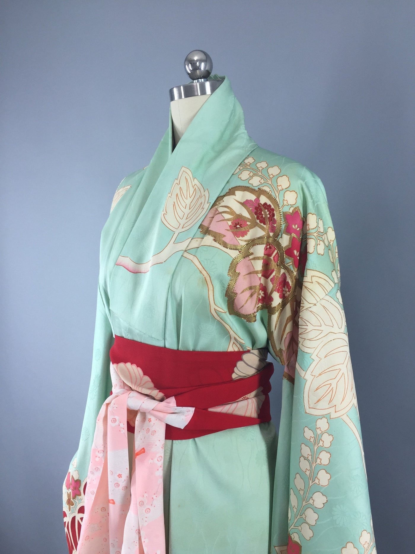 Vintage 1950s Silk Kimono Robe / Aqua & Red Floral Print Furisode - ThisBlueBird
