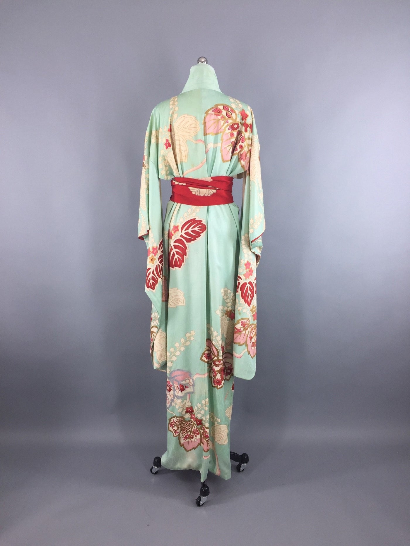 Vintage 1950s Silk Kimono Robe / Aqua & Red Floral Print Furisode ...