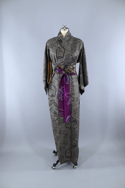 Vintage 1950s Silk Kimono Robe / Black Bamboo Ikat - ThisBlueBird