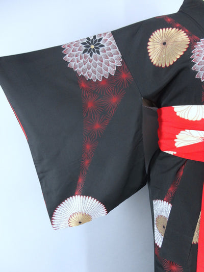 Vintage 1950s Silk Kimono Robe  Black & Red Floral Omeshi Embroidered - ThisBlueBird