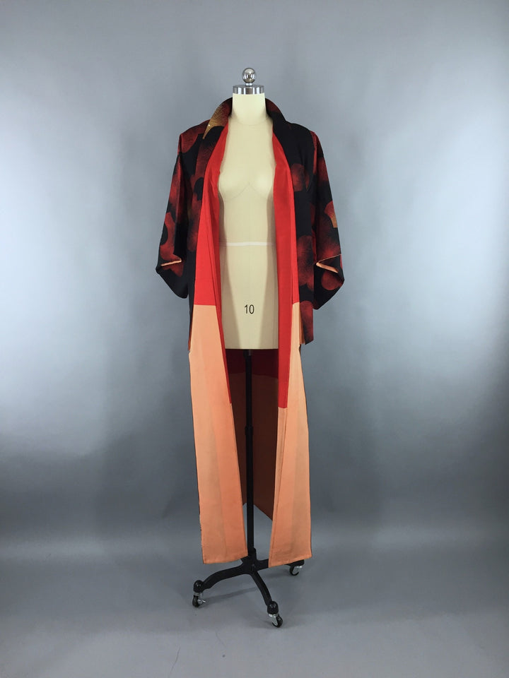 Vintage 1950s Silk Kimono Robe Black &amp; Red Omeshi - ThisBlueBird
