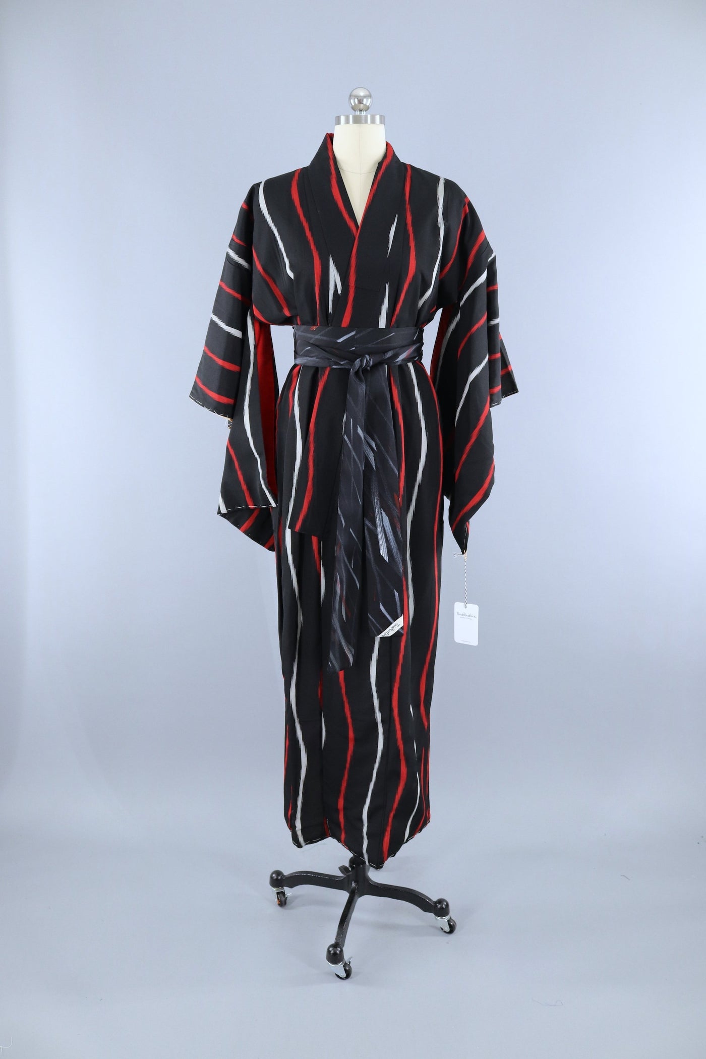 Vintage 1950s Silk Kimono Robe / Black & Red Stripes - ThisBlueBird
