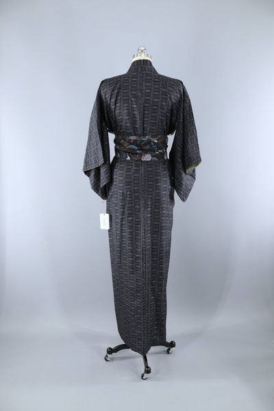 Vintage 1950s Silk Kimono Robe / Blue & Black Dotted Ikat - ThisBlueBird
