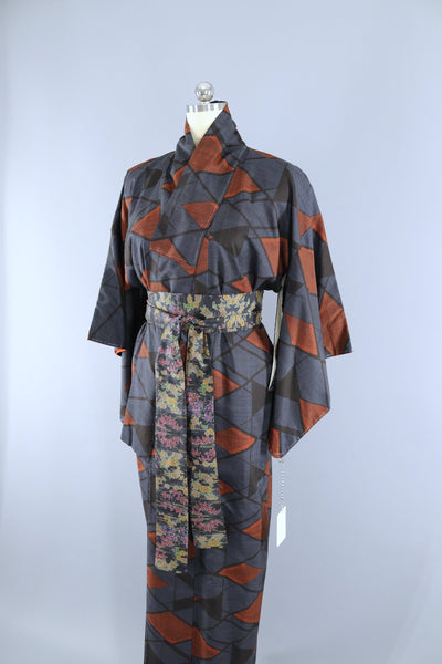 Vintage 1950s Silk Kimono Robe / Blue Black Orange Geometric Print - ThisBlueBird