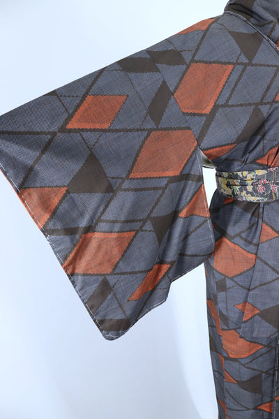 Vintage 1950s Silk Kimono Robe / Blue Black Orange Geometric Print - ThisBlueBird
