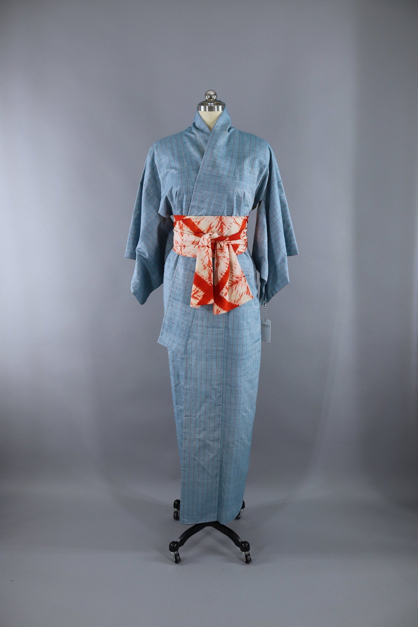 Vintage 1950s Silk Kimono Robe / Blue & Orange Stripes Raw Silk - ThisBlueBird