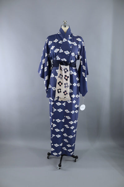 Vintage 1950s Silk Kimono Robe / Blue Watercolor - ThisBlueBird