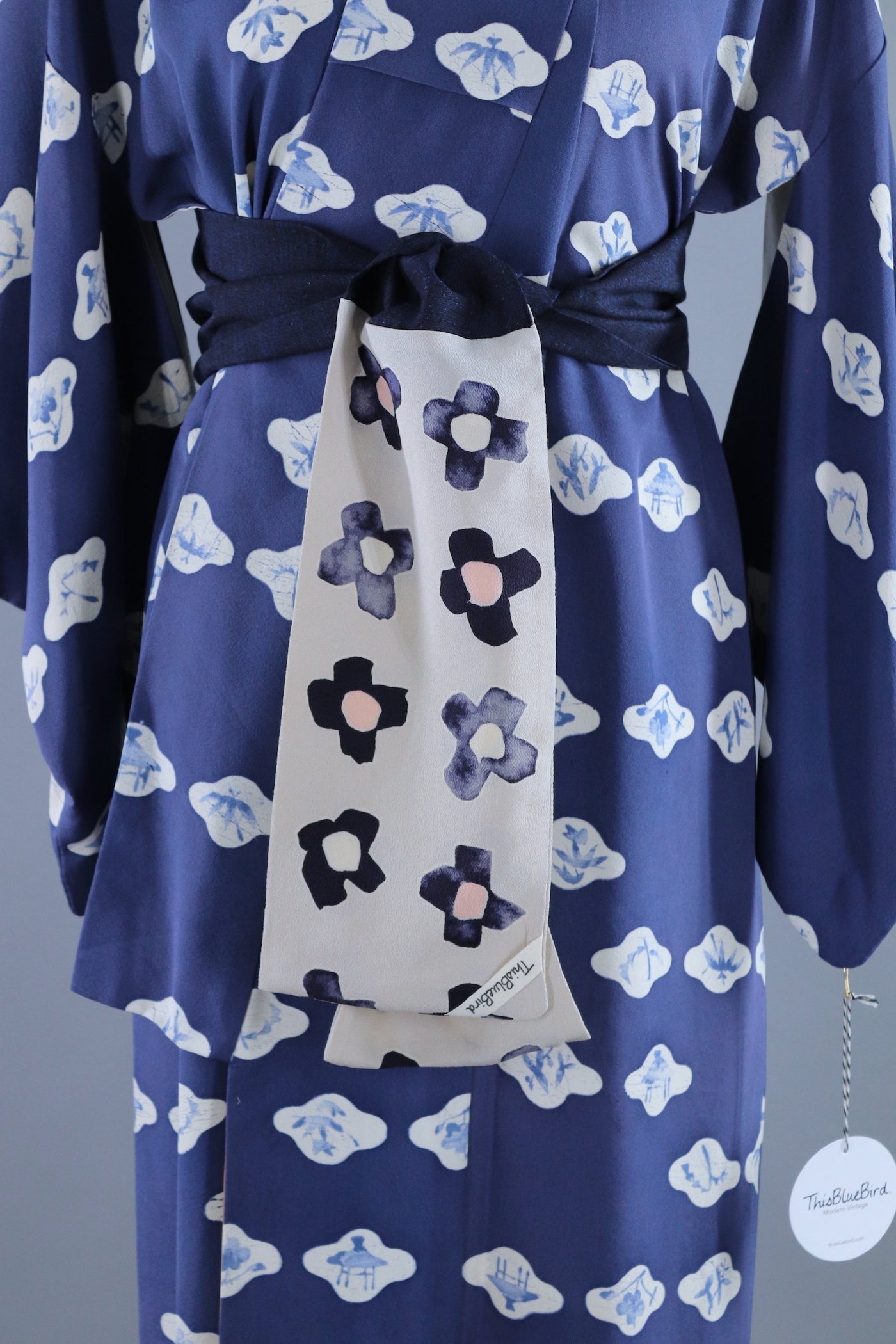 Vintage 1950s Silk Kimono Robe / Blue Watercolor - ThisBlueBird