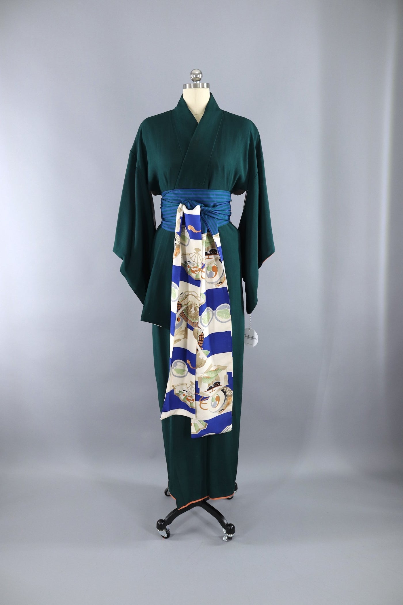 Vintage 1950s Silk Kimono Robe / Dark Emerald Green - ThisBlueBird