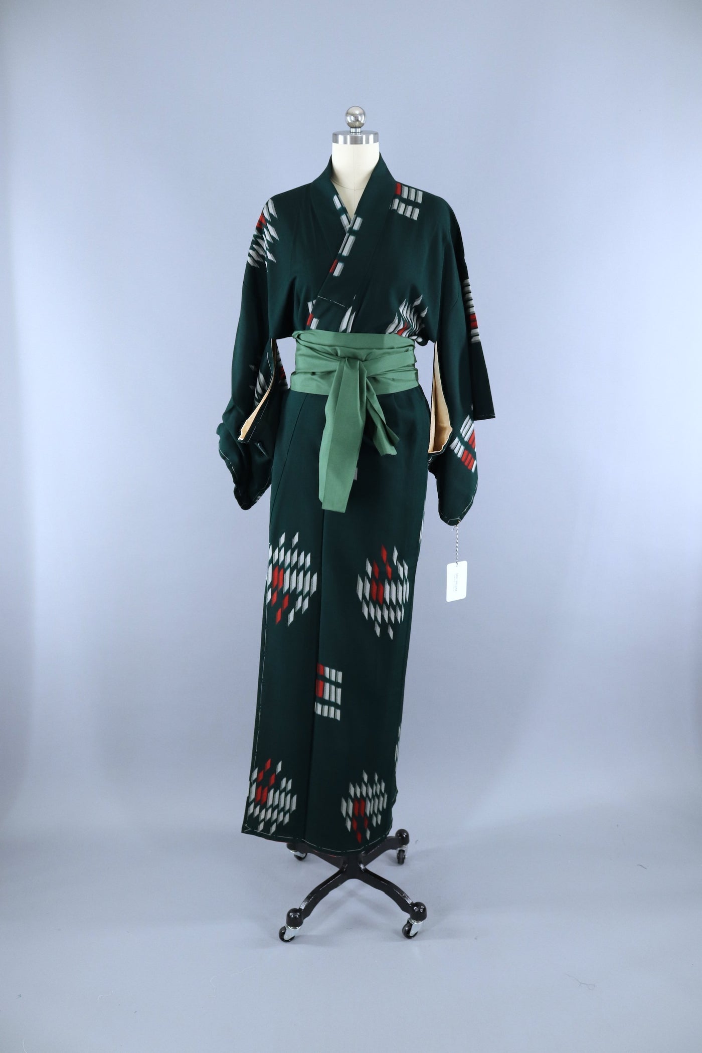 Vintage 1950s Silk Kimono Robe / Dark Forest Green & Red Stripes - ThisBlueBird