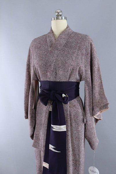 Vintage 1950s Silk Kimono Robe / Dark Purple Shibori Print - ThisBlueBird