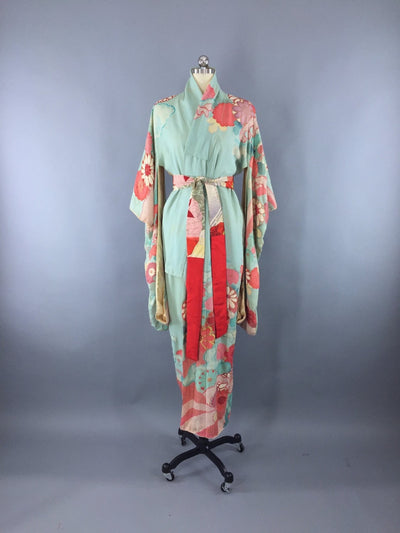 Vintage 1950s Silk Kimono Robe Furisode / Aqua & Pink Floral - ThisBlueBird