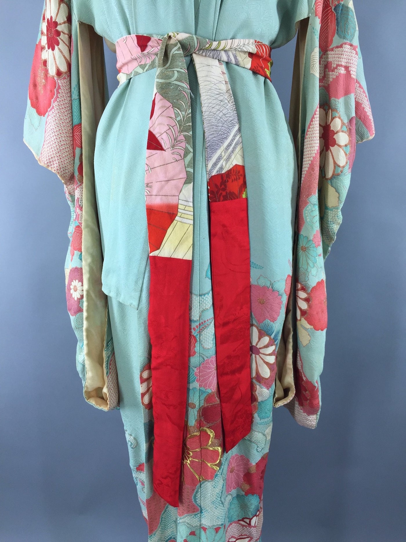 Vintage 1950s Silk Kimono Robe Furisode / Aqua & Pink Floral – ThisBlueBird