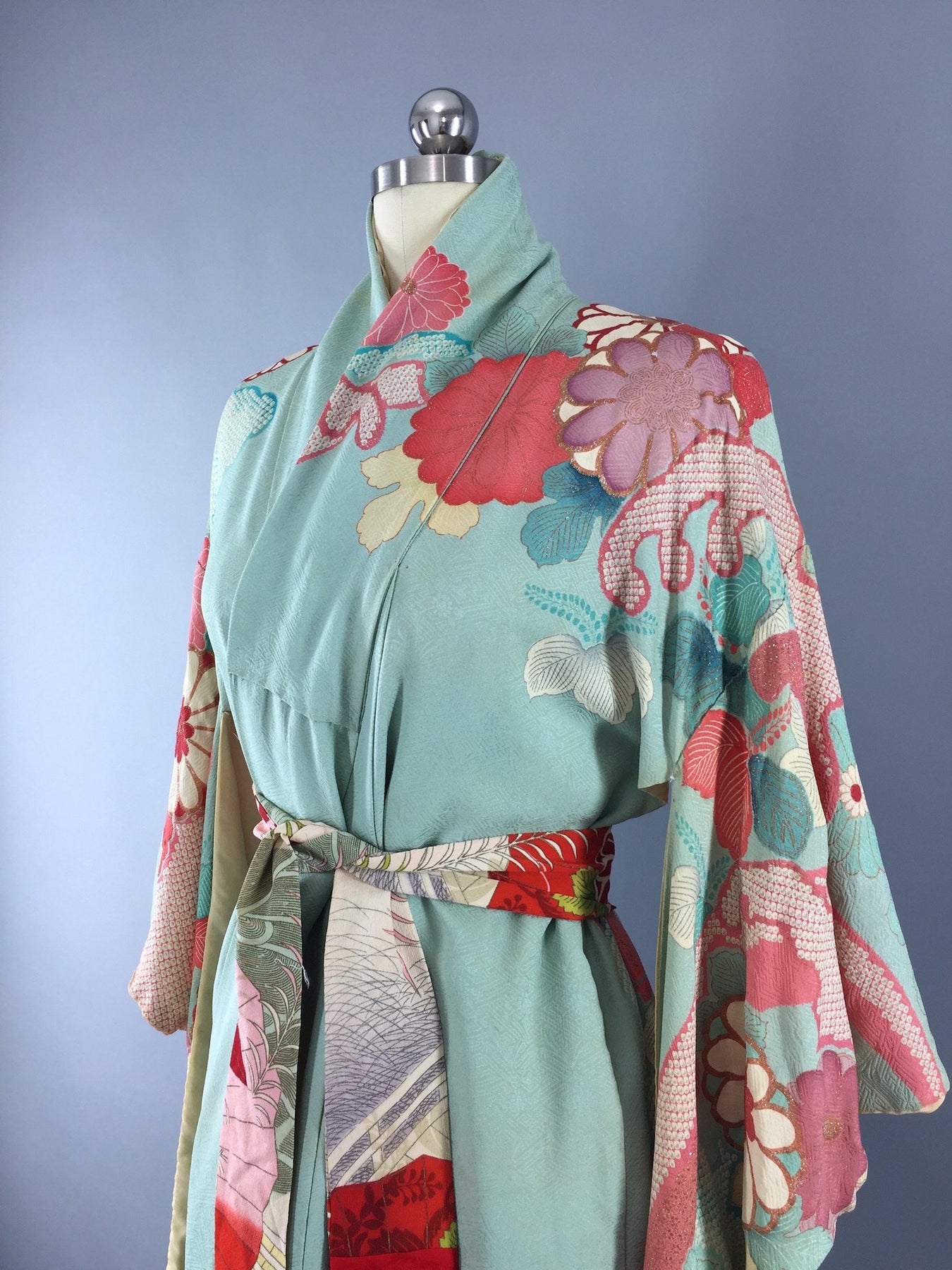 Vintage 1950s Silk Kimono Robe Furisode / Aqua & Pink Floral – ThisBlueBird