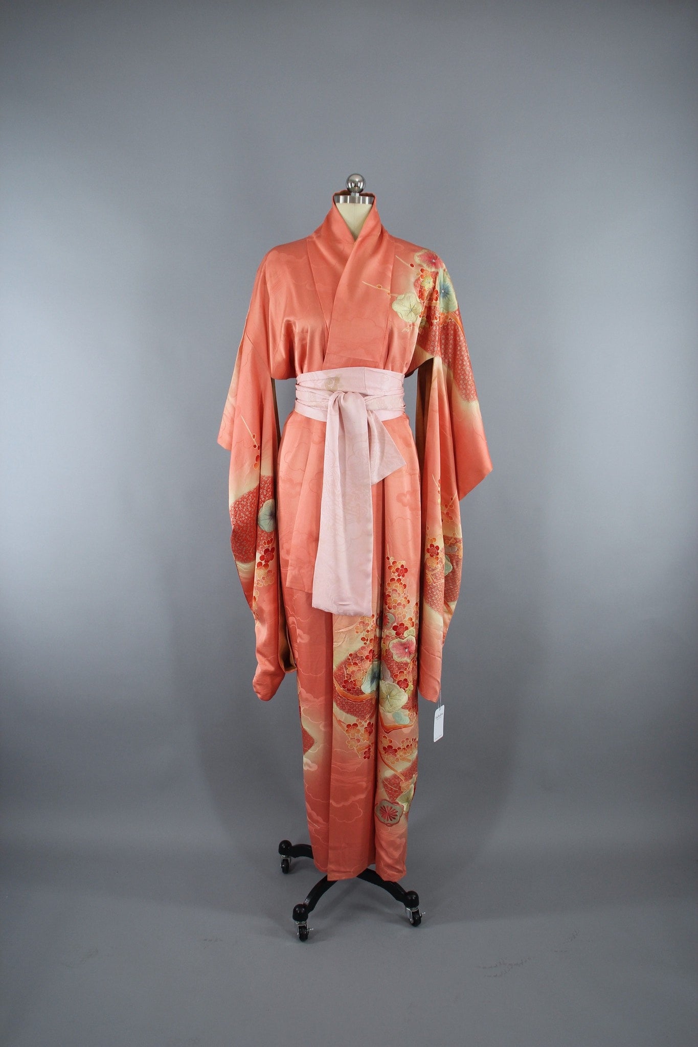 Vintage 1950s Silk Kimono Robe Furisode in Orange Peach Satin with Floral Embroidery - ThisBlueBird