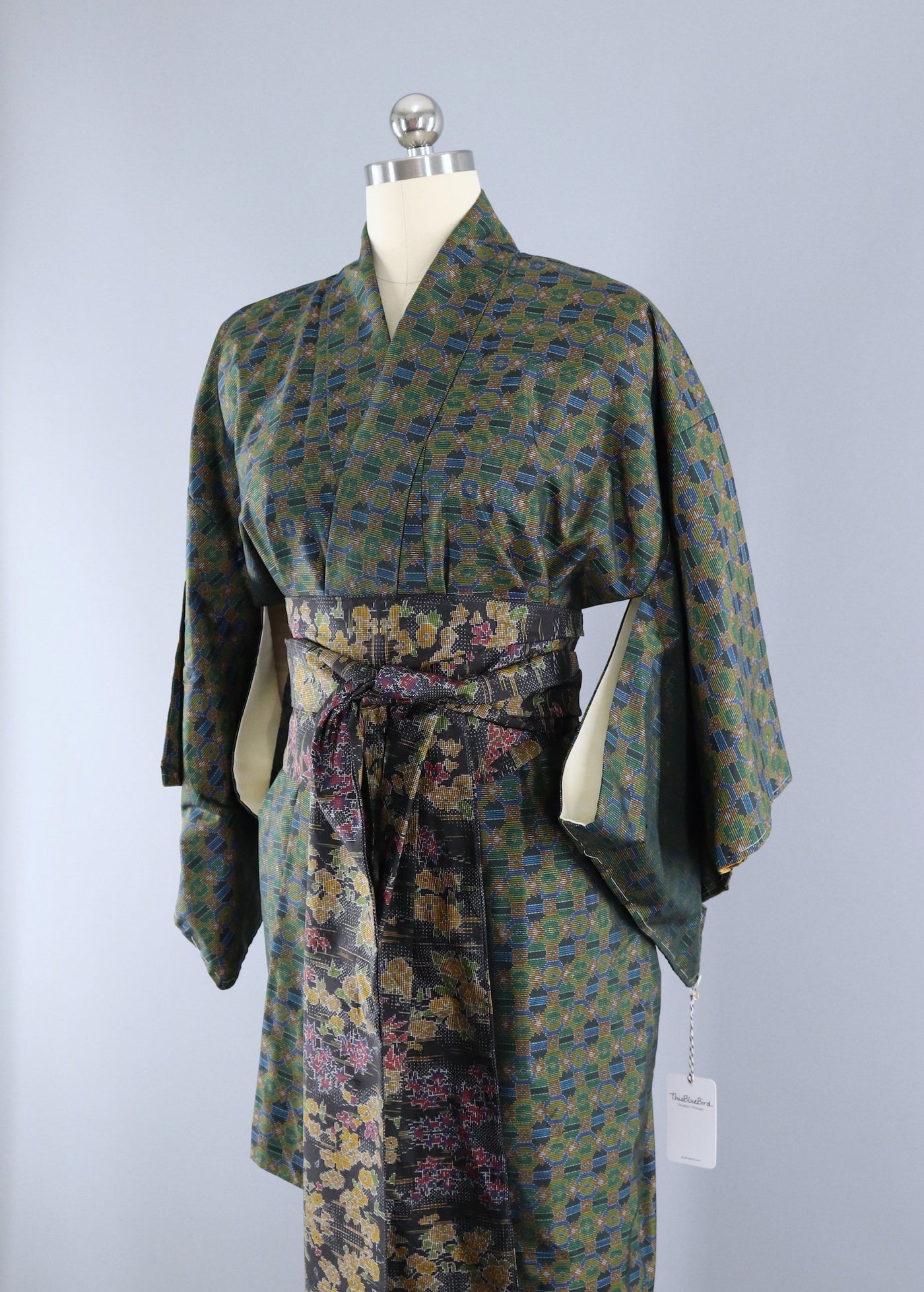 Vintage 1950s Silk Kimono Robe / Green, Gold & Blue Ikat – ThisBlueBird