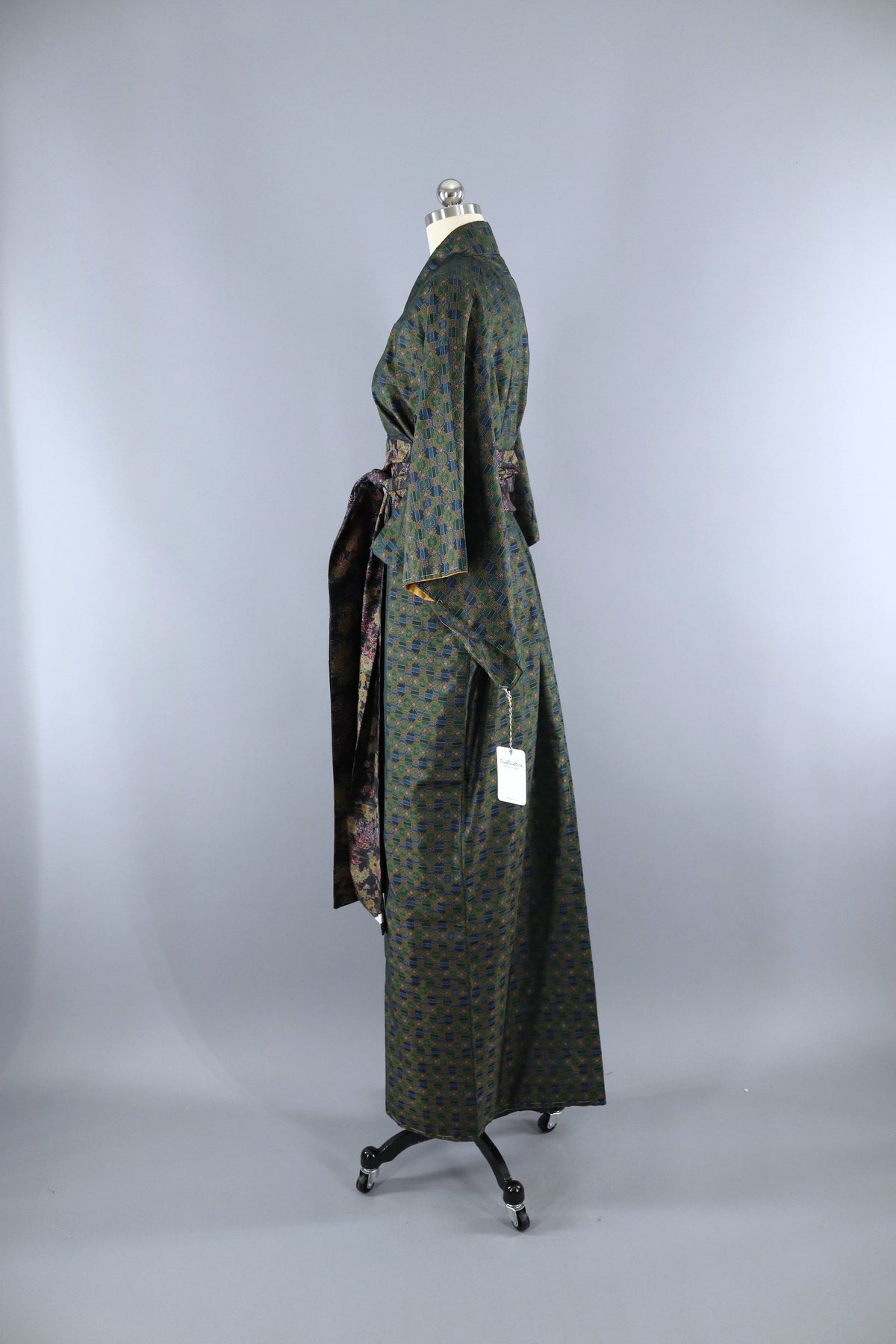 Vintage 1950s Silk Kimono Robe / Green, Gold & Blue Ikat – ThisBlueBird