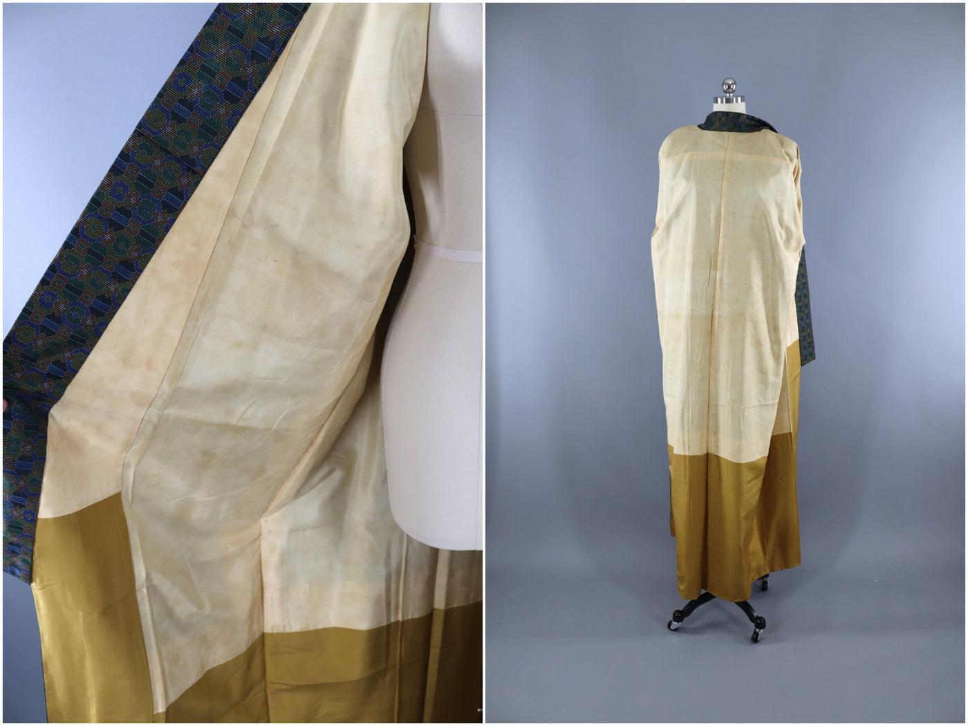 Vintage 1950s Silk Kimono Robe / Green, Gold & Blue Ikat - ThisBlueBird