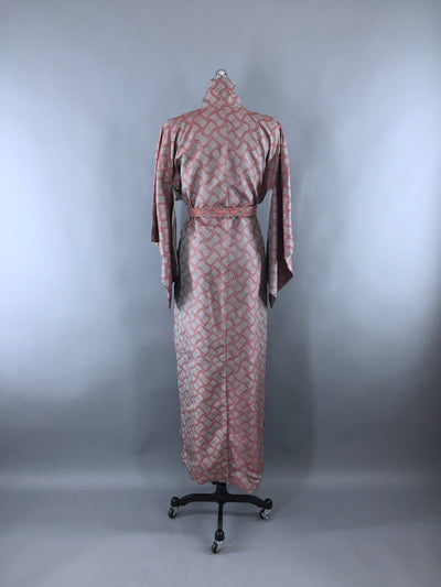 Vintage 1950s Silk Kimono Robe / Grey Aqua Coral Pink - ThisBlueBird
