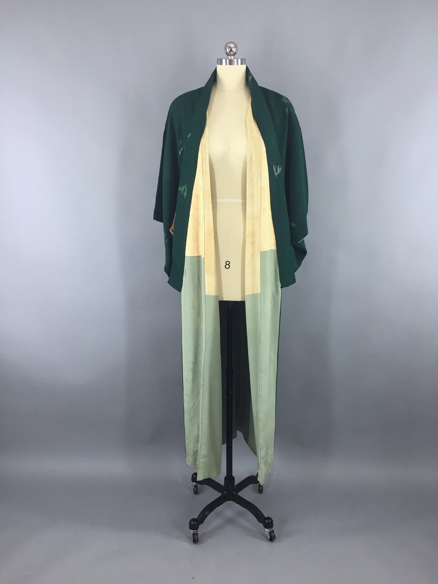 Vintage 1950s Silk Kimono Robe in Forest Green and Silver Urushi Embroidery - ThisBlueBird