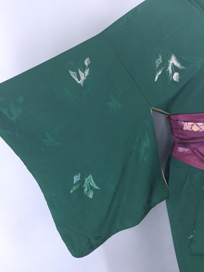 Vintage 1950s Silk Kimono Robe in Forest Green and Silver Urushi Embroidery - ThisBlueBird