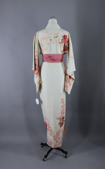 Vintage 1950s Silk Kimono Robe / Ivory and Sky Blue with Pink Floral Print - ThisBlueBird