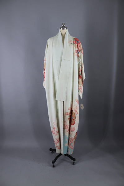 Vintage 1950s Silk Kimono Robe / Ivory and Sky Blue with Pink Floral Print - ThisBlueBird
