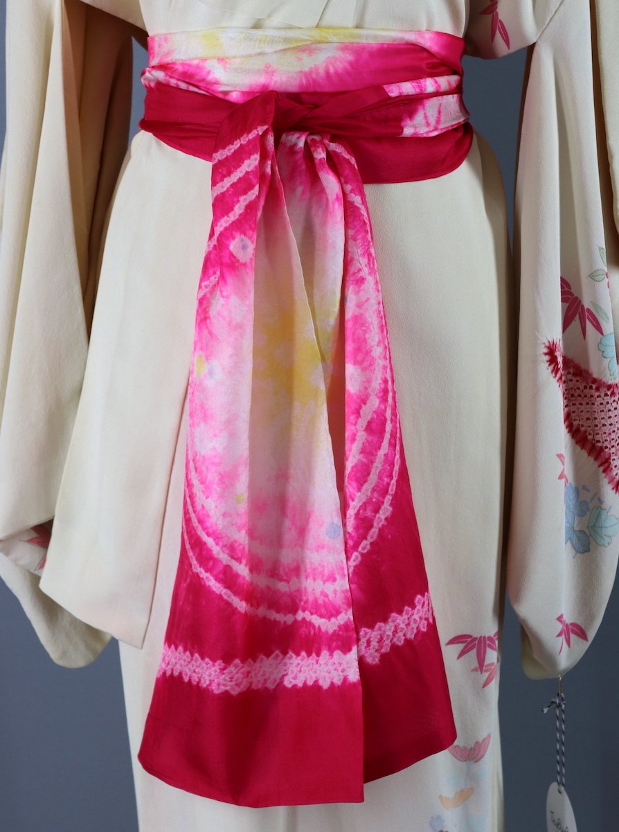 Vintage 1950s Silk Kimono Robe / Ivory Pink Shibori Floral - ThisBlueBird
