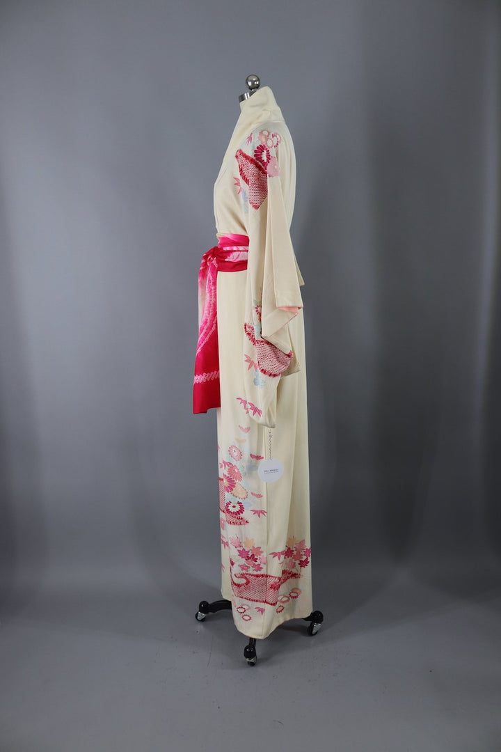 Vintage 1950s Silk Kimono Robe / Ivory Pink Shibori Floral - ThisBlueBird