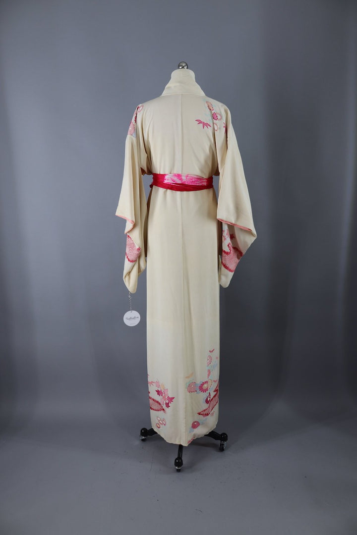 Vintage 1950s Silk Kimono Robe / Ivory Pink Shibori Floral - ThisBlueBird