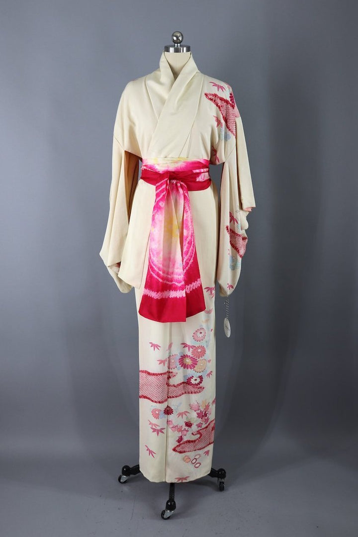 Vintage 1950s Silk Kimono Robe / Ivory Pink Shibori Floral - ThisBlueBird