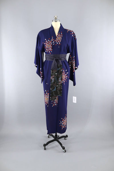 Vintage 1950s Silk Kimono Robe / Navy Blue Copper Silver Urushi Embroidery - ThisBlueBird