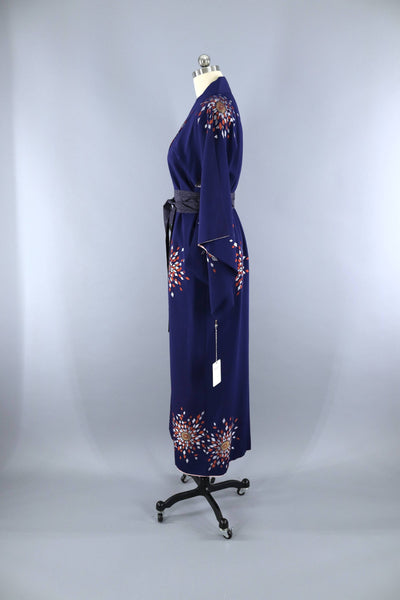 Vintage 1950s Silk Kimono Robe / Navy Blue Copper Silver Urushi Embroidery - ThisBlueBird