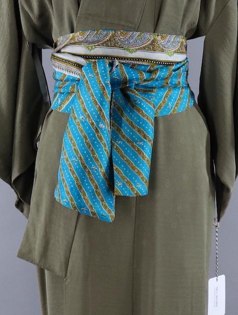 Vintage 1950s Silk Kimono Robe / Olive Army Green - ThisBlueBird