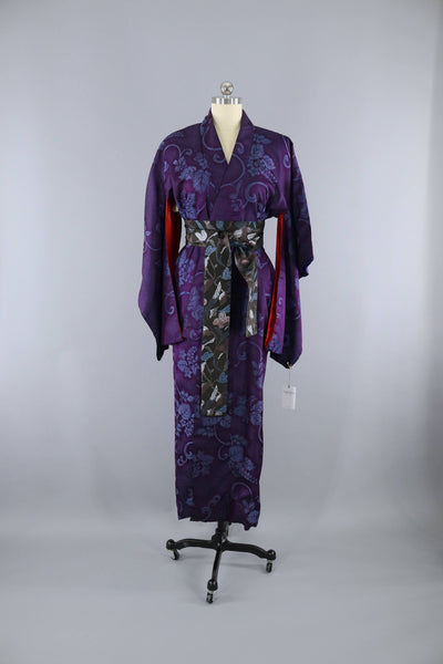Vintage 1930s Silk Kimono Robe / Omeshi Purple Blue Floral - ThisBlueBird