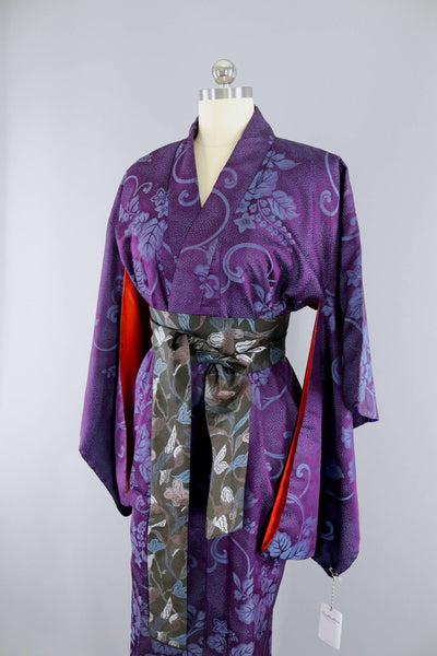 Vintage 1930s Silk Kimono Robe / Omeshi Purple Blue Floral - ThisBlueBird
