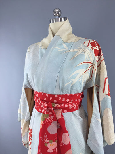 Vintage 1950s Silk Kimono Robe / Pastel Blue & Red - ThisBlueBird