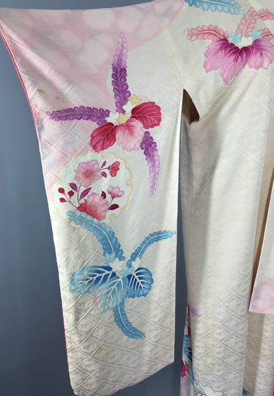 Vintage 1950s Silk Kimono Robe / Pink Floral Furisode - ThisBlueBird