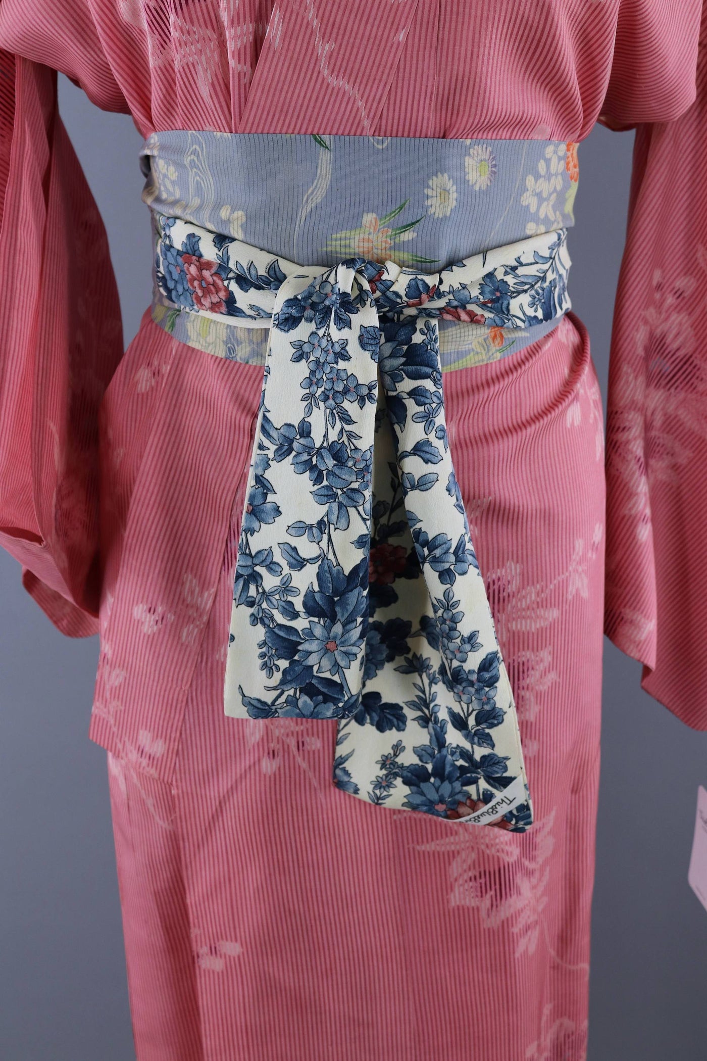 Vintage 1950s Silk Kimono Robe / Pink Stripes Floral - ThisBlueBird