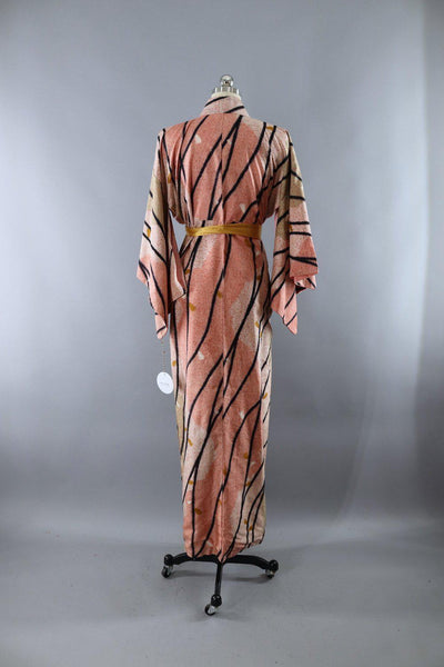 Vintage 1950s Silk Kimono Robe / Salmon Pink & Black Meisen - ThisBlueBird